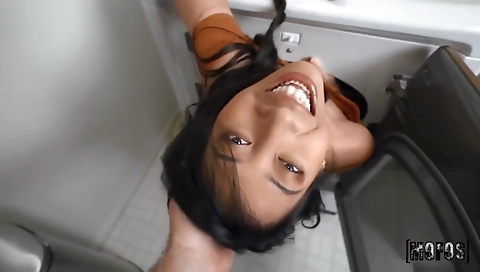 Sultry brunette hair drilled by massage